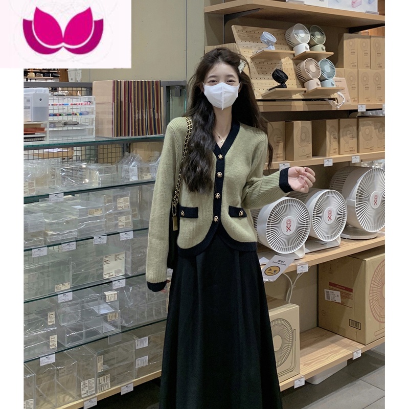 七斓2023新款女装茶系温柔穿搭整套搭配毛衣连衣裙子小香风套装高清大图