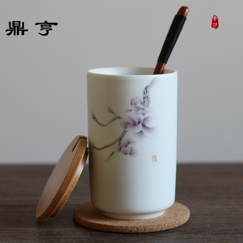鼎亨景德镇手工手绘荷花白釉陶瓷杯带勺马克杯情侣杯牛奶杯早餐杯