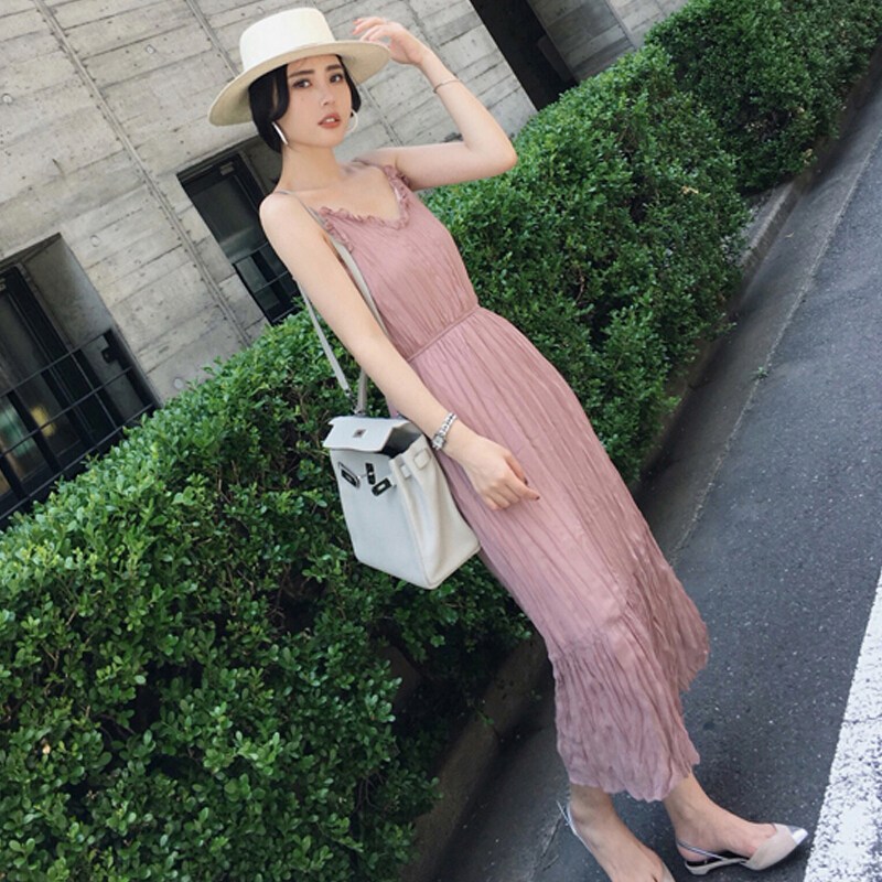 ins超火带连衣裙女夏2018新款温柔风百褶裙子过膝超仙雪纺长裙