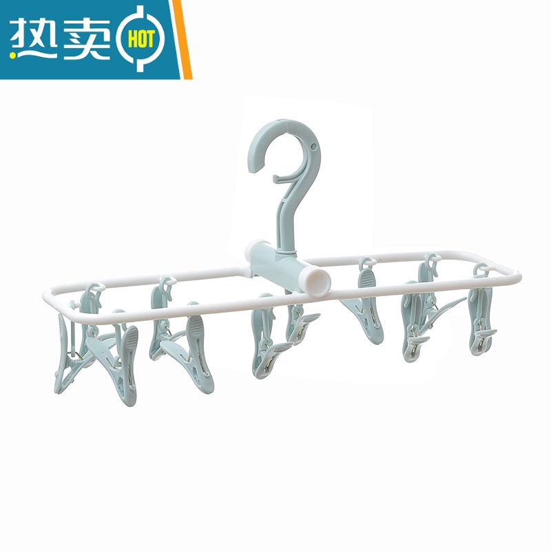 敬平2个装12夹可折叠塑料衣架多功能防风晾衣架衣夹内衣袜子晾晒夹子 绿色 12夹挂架[两个装]高清大图