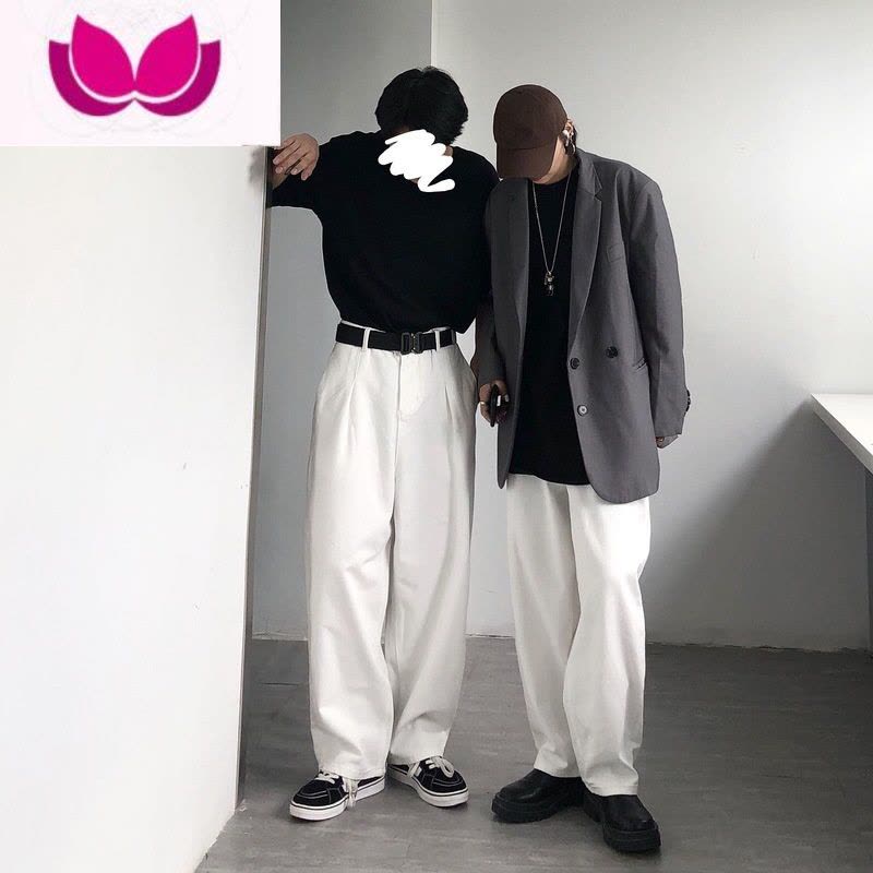 七斓港风古着痞帅白色牛仔大码长裤男ins日系oversize宽松显瘦阔腿裤图片