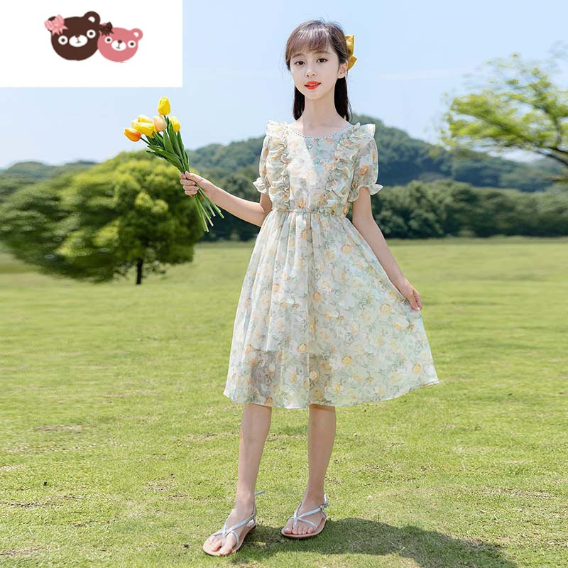 绿彩虹光女童连衣裙夏薄款洋气儿童裙子雪纺小碎花裙女孩中大童夏装