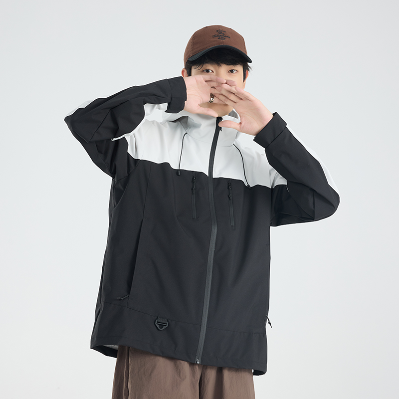 渔人船长春秋时尚户外薄款冲锋衣男女单层风衣连帽防风短款外套高清大图