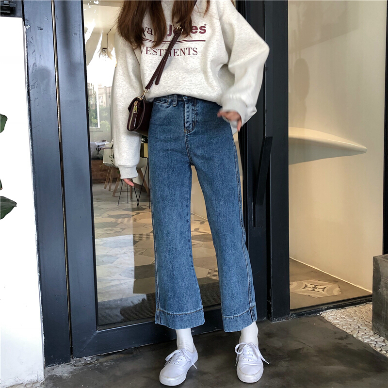 春装女装韩版宽松简约隐形口袋高腰九分裤牛仔裤阔腿裤直筒裤长裤
