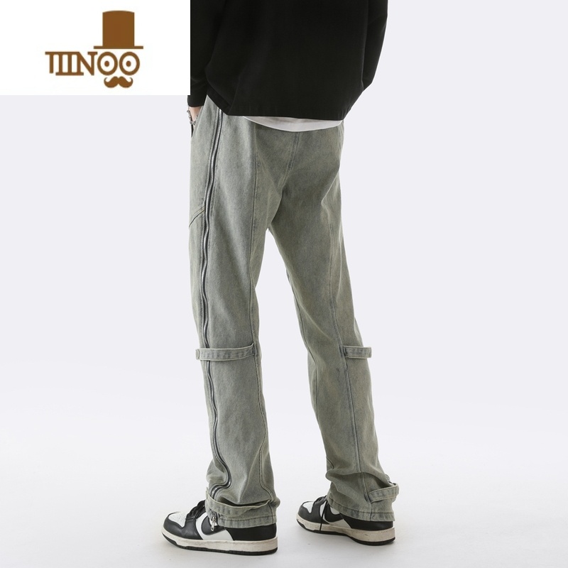 YANXUvibe美式微喇牛仔裤男款欧美hiphop高街痞帅拉链裤子潮牌长裤高清大图