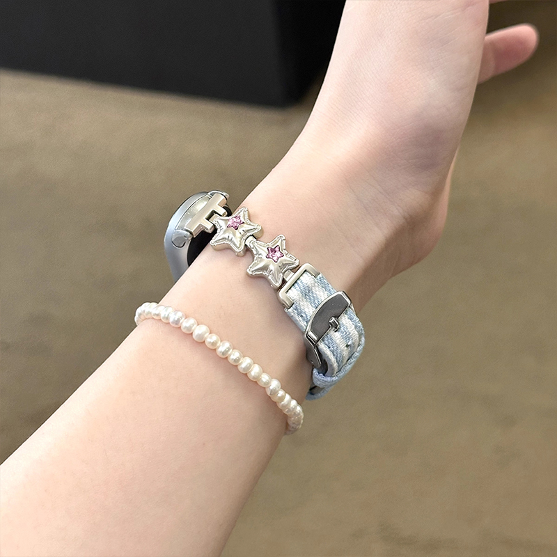 适用于小米手环10星星拼牛仔皮质表带小米9/8pro多巴胺金属新款女3139B高清大图