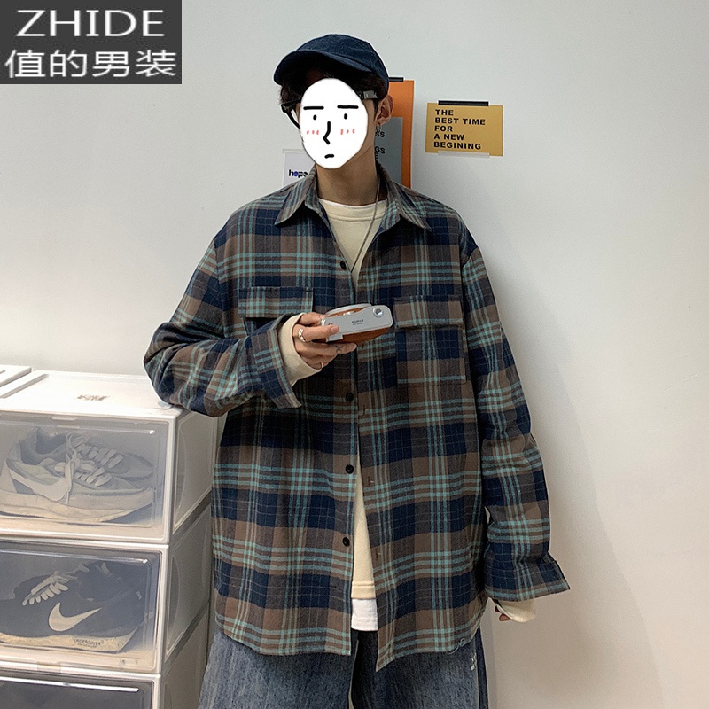 SUNTEK格子衬衫男港风宽松长袖衬衣bf潮流工装外套情侣休闲打底衫上衣衬衫