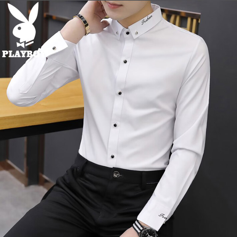 花花公子黑色长袖衬衫男士商务免烫寸衫夏季薄款潮牌休闲衬衣服务高清大图
