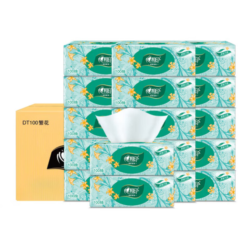 心相印 抽纸繁花系列可湿水纸面巾纸抽 DT100繁花-24B 3层 100抽*24包(8提装整箱)