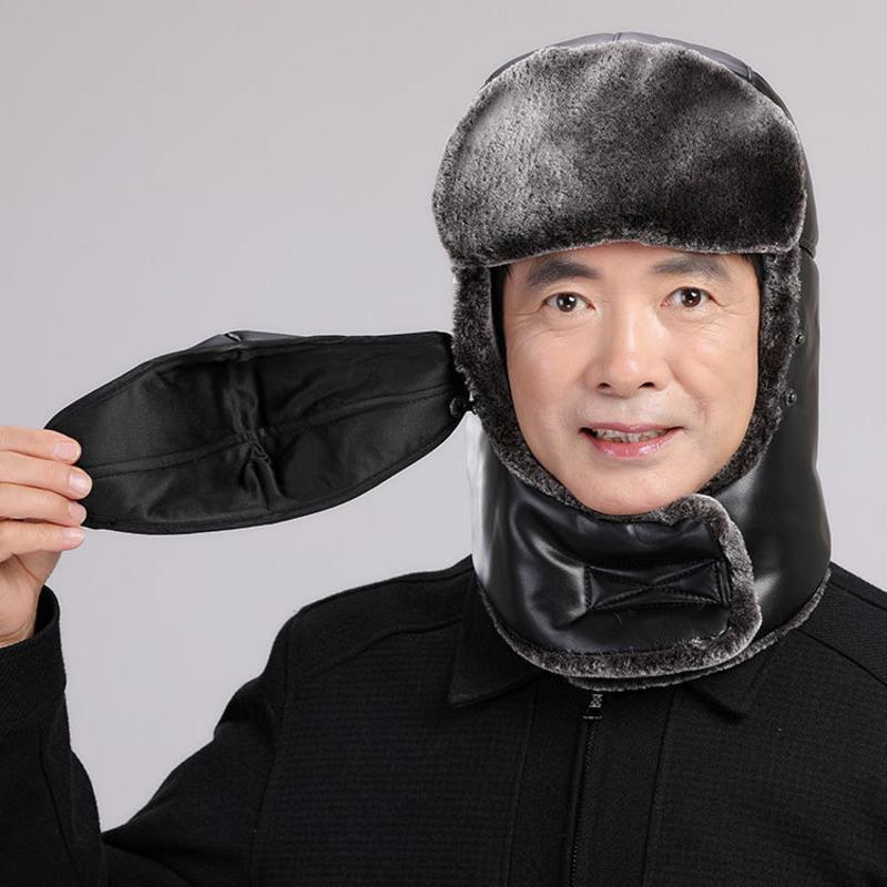 雷锋帽男中老年人冬季加绒保暖帽爸爸老头爷爷帽东北防风骑车皮帽黑色