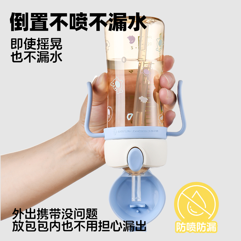 BEBEPICK韩国进口儿童吸管杯(天蓝色自带重力球吸管杯+肩带)大容量防摔水时尚杯背带款适合12个月以上宝宝高清大图