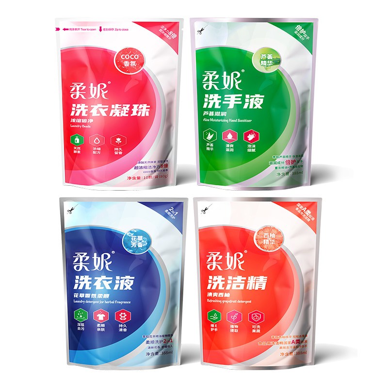 柔妮(RHONE) 清洁组合关爱礼包(洗衣液+洗洁精+洗手液+洗衣凝珠388ml*3+80g)