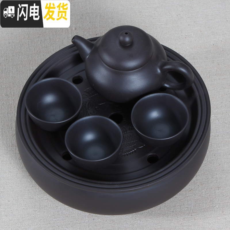 三维工匠紫砂功夫茶壶包套装旅行便携茶具车载旅游茶具整套泡茶陶瓷小茶具 纯黑梨壶套装 6件