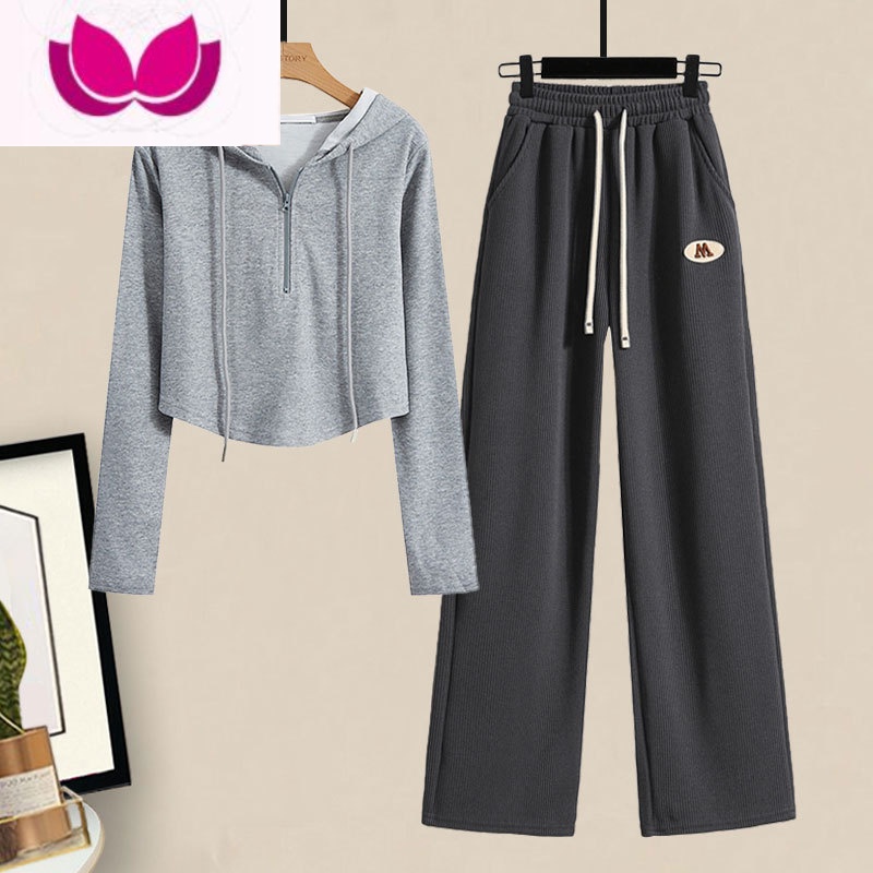 七斓网红炸街套装女春季新款时尚连帽短款上衣高腰显瘦阔腿休闲裤高清大图