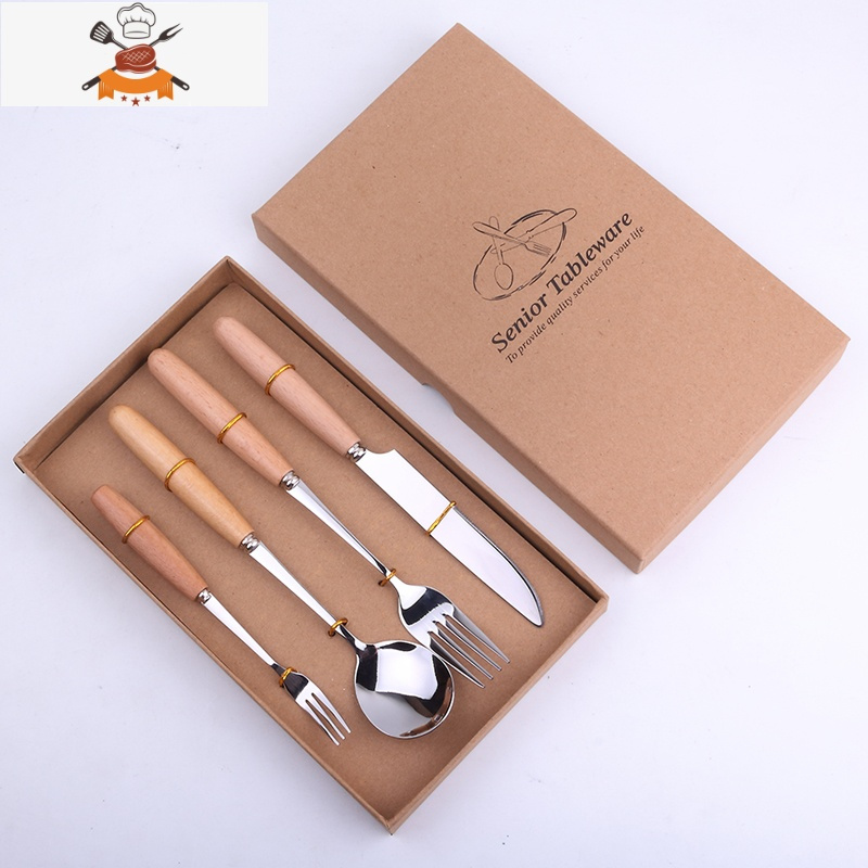木柄西餐餐具套装牛排刀叉两件套不锈钢勺子筷子三四学生便携礼盒 敬平 刀叉勺+水果叉4件礼盒