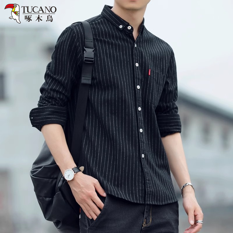 啄木鸟春季条纹磨毛棉衬衣男士上衣长袖衬衫大码休闲男装外套衣毛高清大图