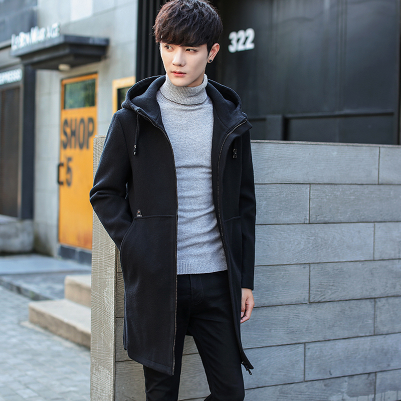 狮邦男士毛呢大衣冬季连帽呢子外套男中长款加厚风衣青年修身冬装风衣