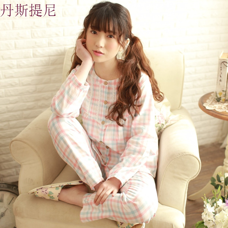 春秋新款睡衣女纯棉纱布长袖圆领全棉清新格子学生日系家居服套装