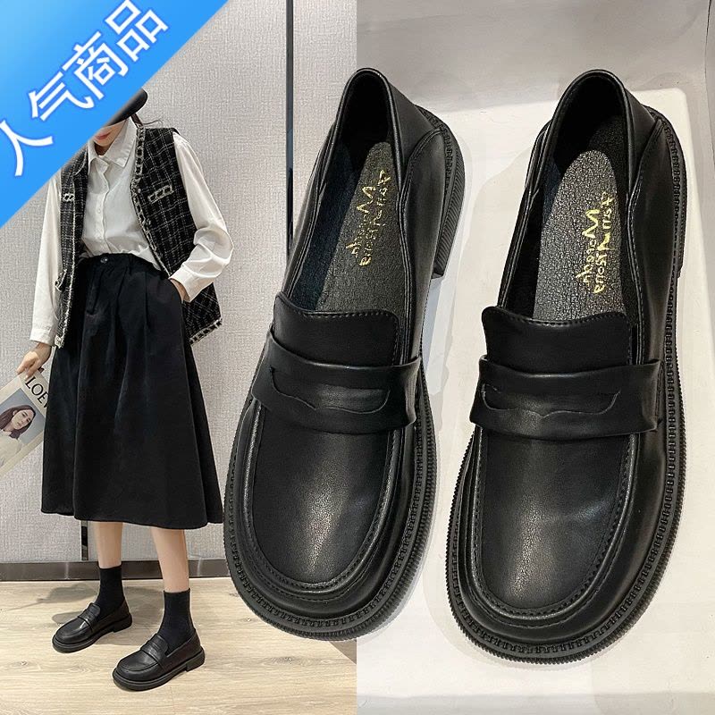 SUNTEK小皮鞋英伦风单鞋女2023新款夏季平底乐福鞋百搭黑色工作鞋一脚蹬图片