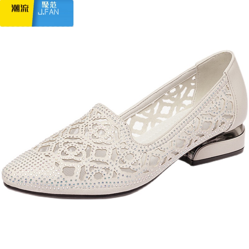 聚范意尓康凉鞋女低跟软底夏季粗跟中跟网纱镂空单鞋时尚妈妈皮鞋高清大图