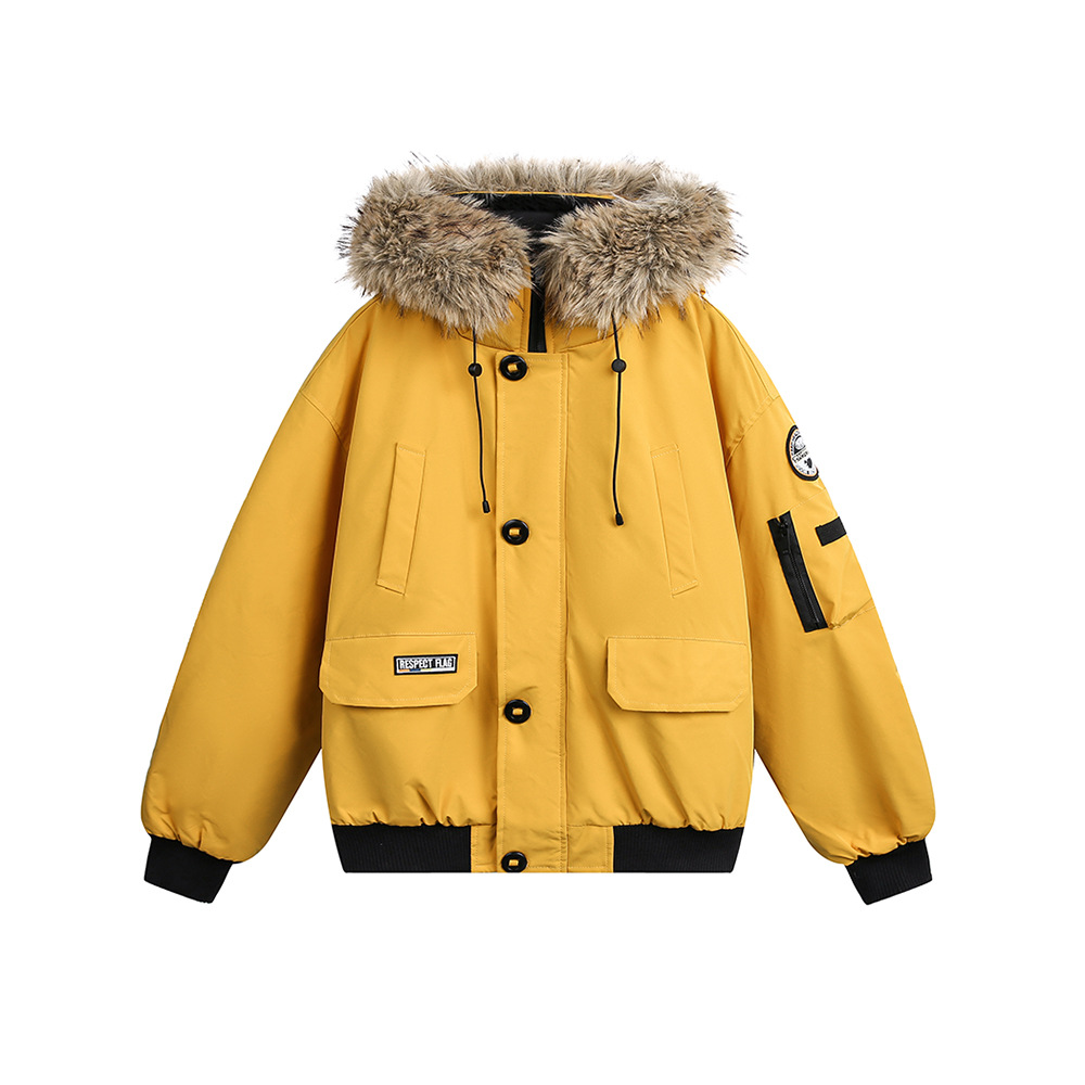 CATTEE美式学院风工装毛领棉衣外套男女冬季棉服宽松大口袋棉袄潮 黄色 XXL