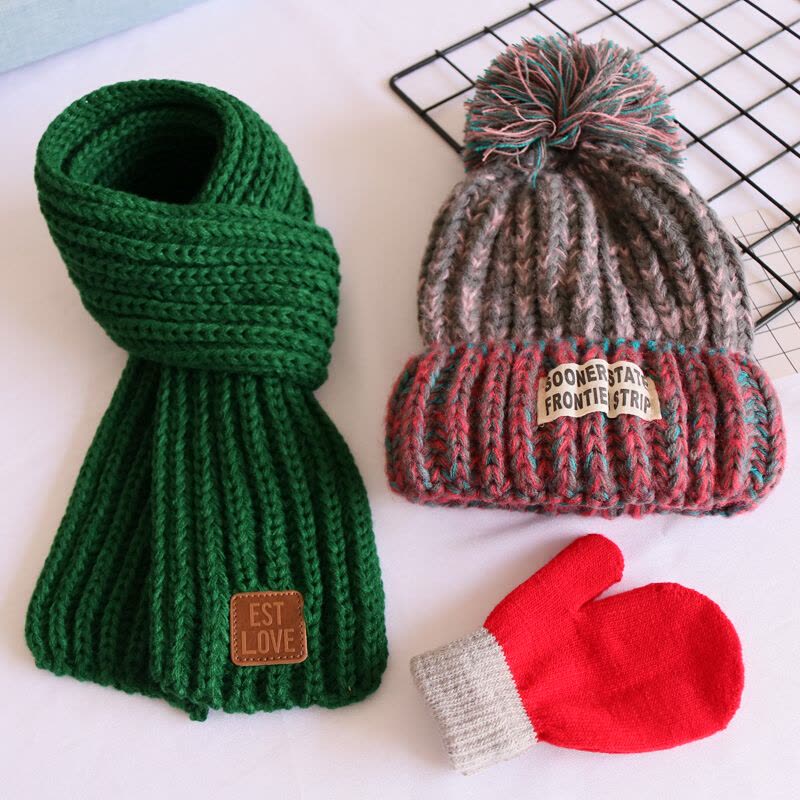 迪鲁奥(DILUAO)三件套儿童毛线帽子围巾秋冬男女童婴儿宝宝纯棉保暖套头针织帽潮图片