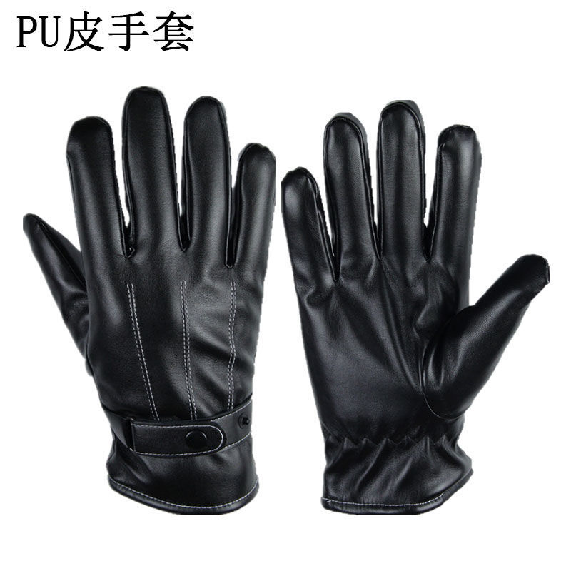 手套冬季保暖男帅气骑车加绒防寒防风开车可触屏露二指麂皮绒手套 PU三线款非麂皮绒