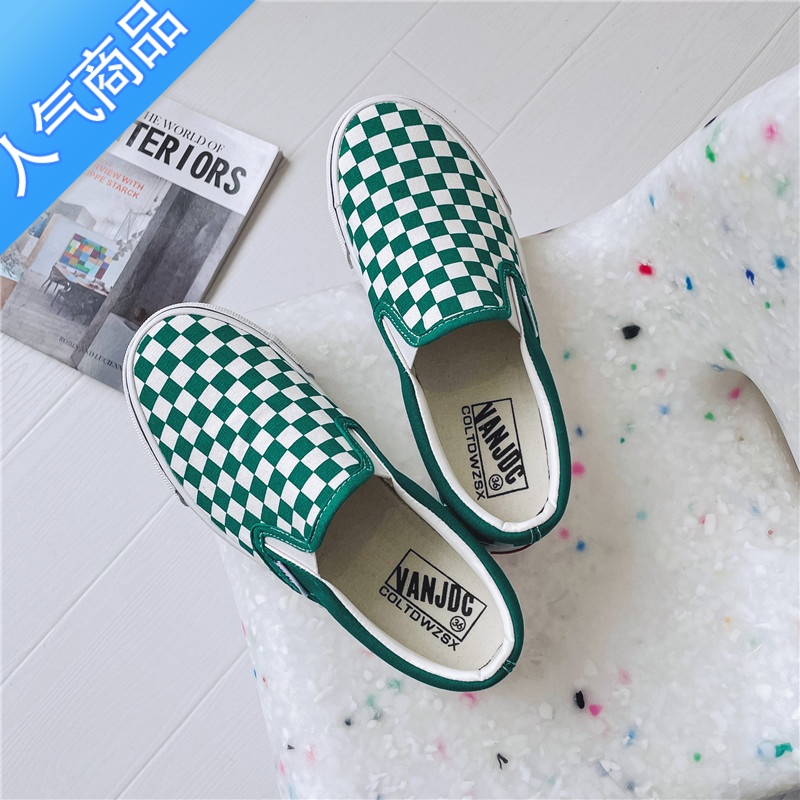 SUNTEK黑白色低帮帆布鞋女夏季松紧套脚轻便半拖鞋一脚蹬休闲板鞋懒人鞋高清大图