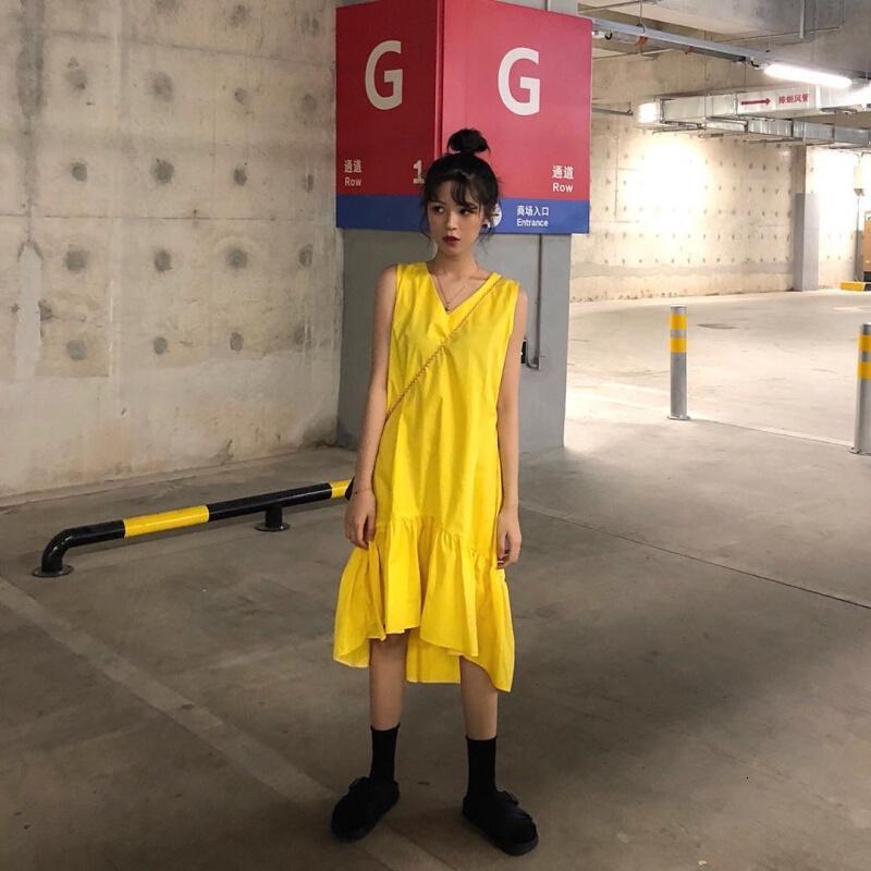 夏宽松荷叶边鱼尾背心连衣裙女蓝色均码