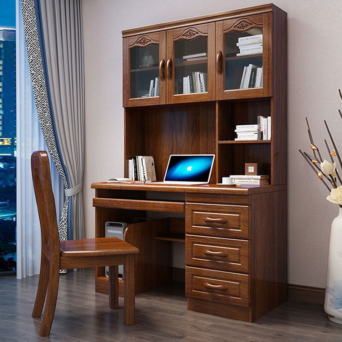 月影梳桐中式胡桃木实木书桌书架组合学生家用台式电脑桌书柜一体写字