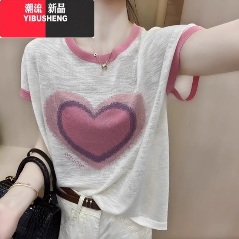 YIBUSHENG薄款针织衫新款竹节麻短袖上衣女爱心宽松减龄圆领亚麻拼色T恤