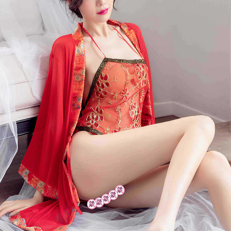 女式情趣睡衣新娘蕾丝透视诱惑女士性感吊带古典肚兜V领睡袍丁字内裤三点式情趣内衣套装全透明开档破洞露乳免脱长夜漫漫成人用品