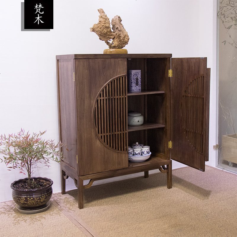 禅意全实木明月柜新中式老榆木玄关柜鞋柜免漆多层茶水柜餐边柜