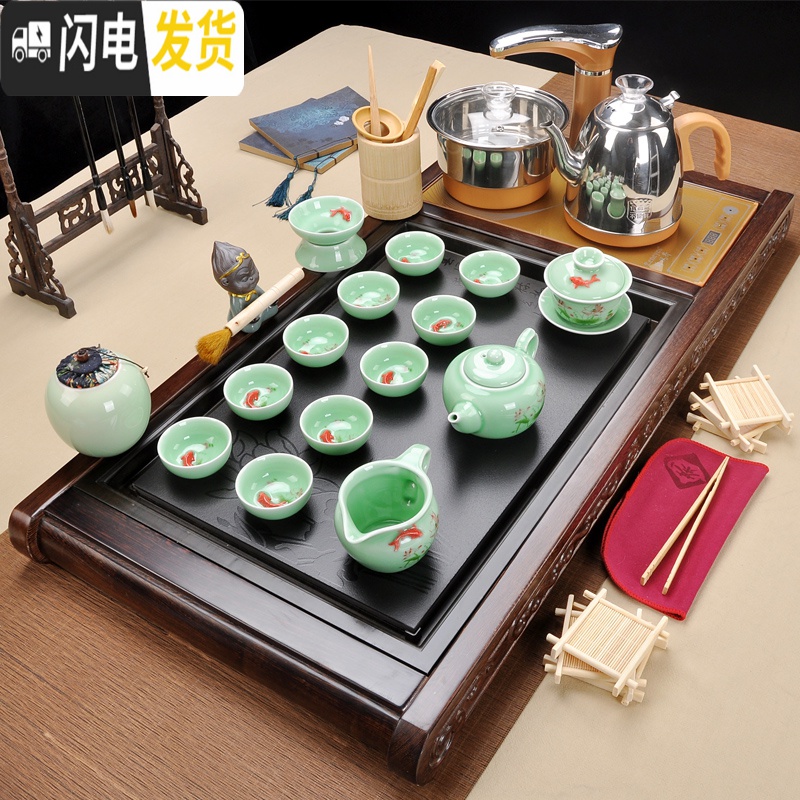 三维工匠茶具套装家用客厅功夫实木茶盘茶台一体全自动电磁炉上水整套茶道 玻璃行云流水 37件高清大图