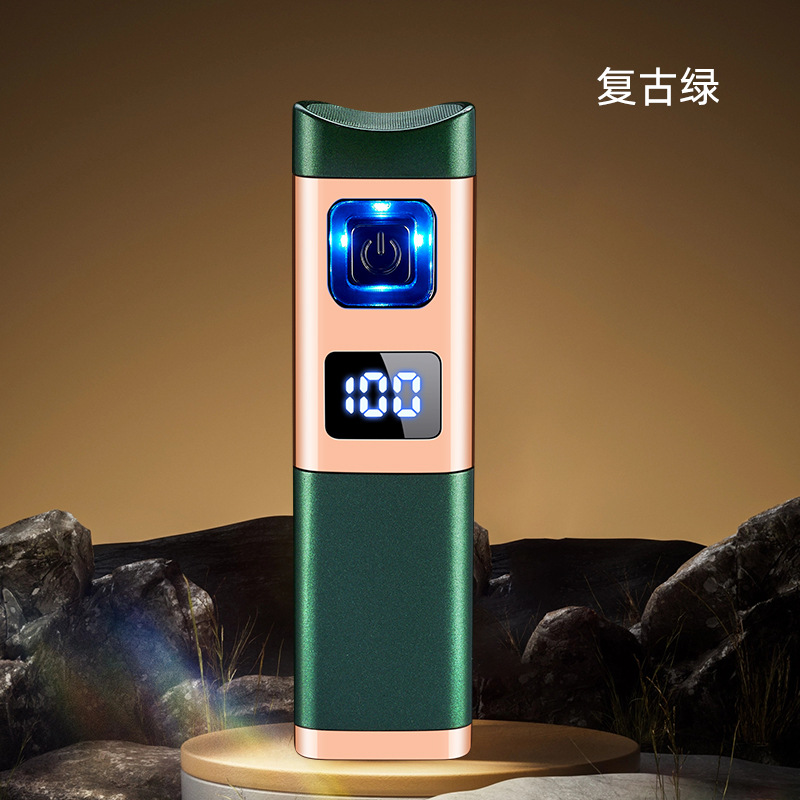新创意三火直冲充电电子感应蓝焰雪茄专用聚火打火机气电二合一 复古绿