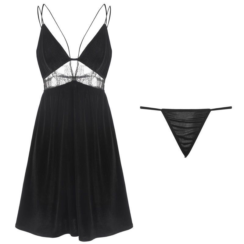 睡衣女春夏新款洋气拼接蕾丝性感镂空深v大码高档吊带睡裙居家服黑色