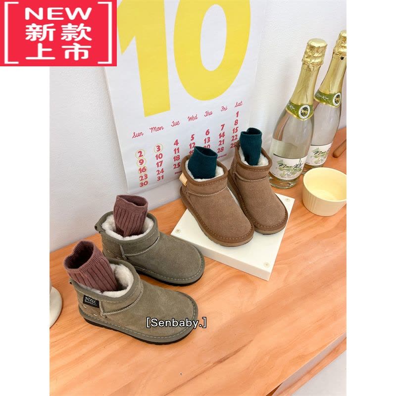 可莉允senbaby童鞋女童单靴百搭加厚靴子儿童鹿皮绒套脚保暖雪地靴短靴图片