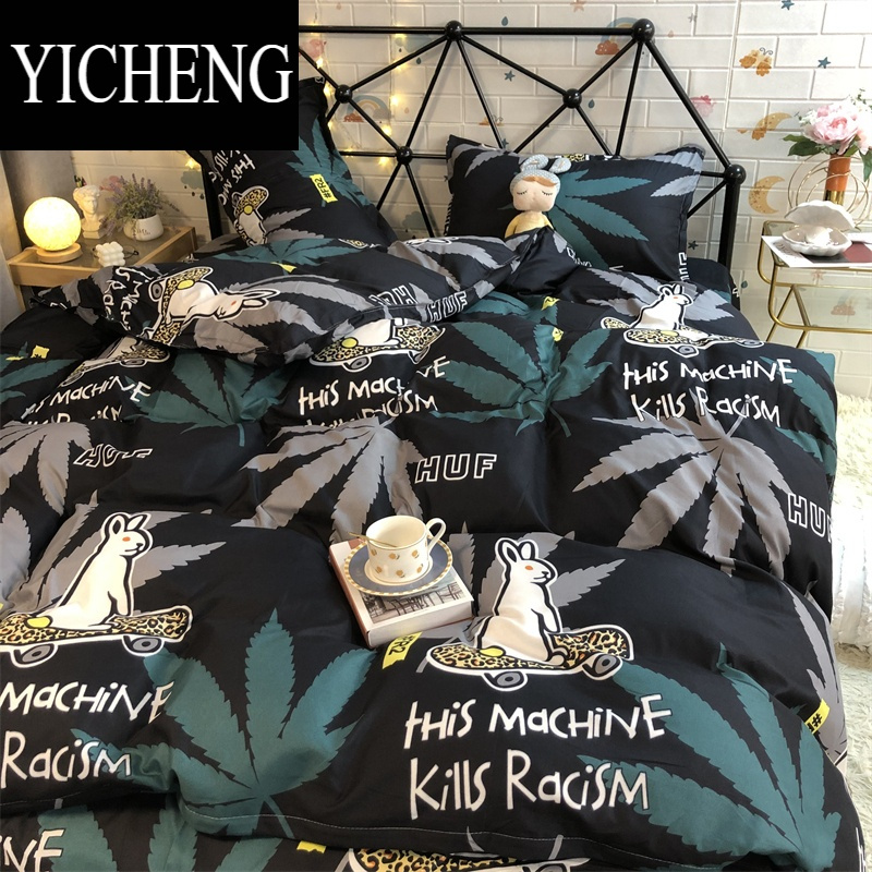 YICHENG潮酷滑板兔床上四件套ins枫叶深色耐脏床单被套男生1.5m1.8米床品