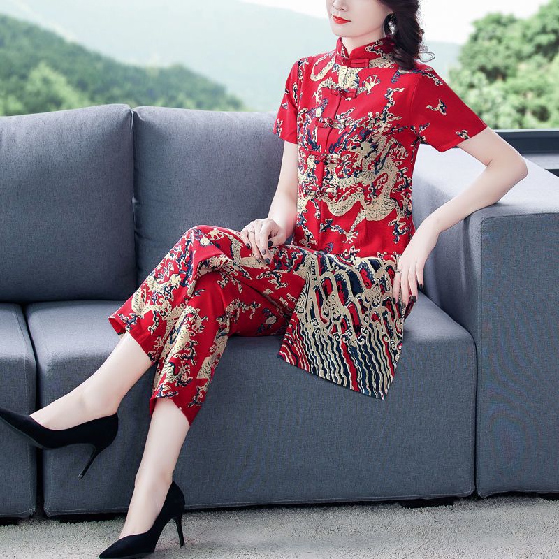 夏季新款民族风棉麻时尚休闲套装洋气女唐装休闲裤妈妈旗袍两件套红色