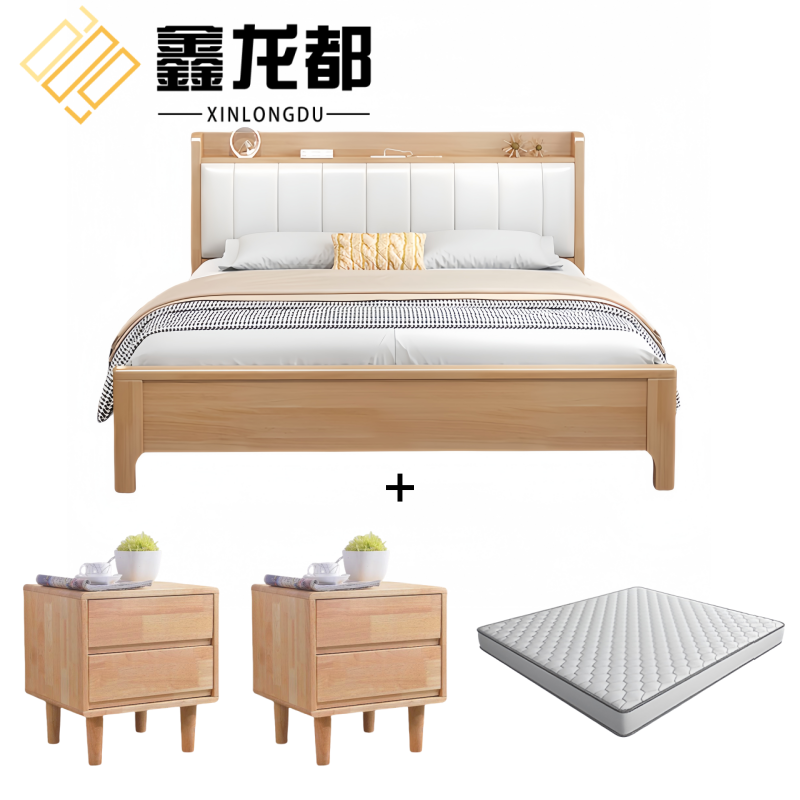 鑫龙都床+2床头柜+床垫1.5m套高清大图
