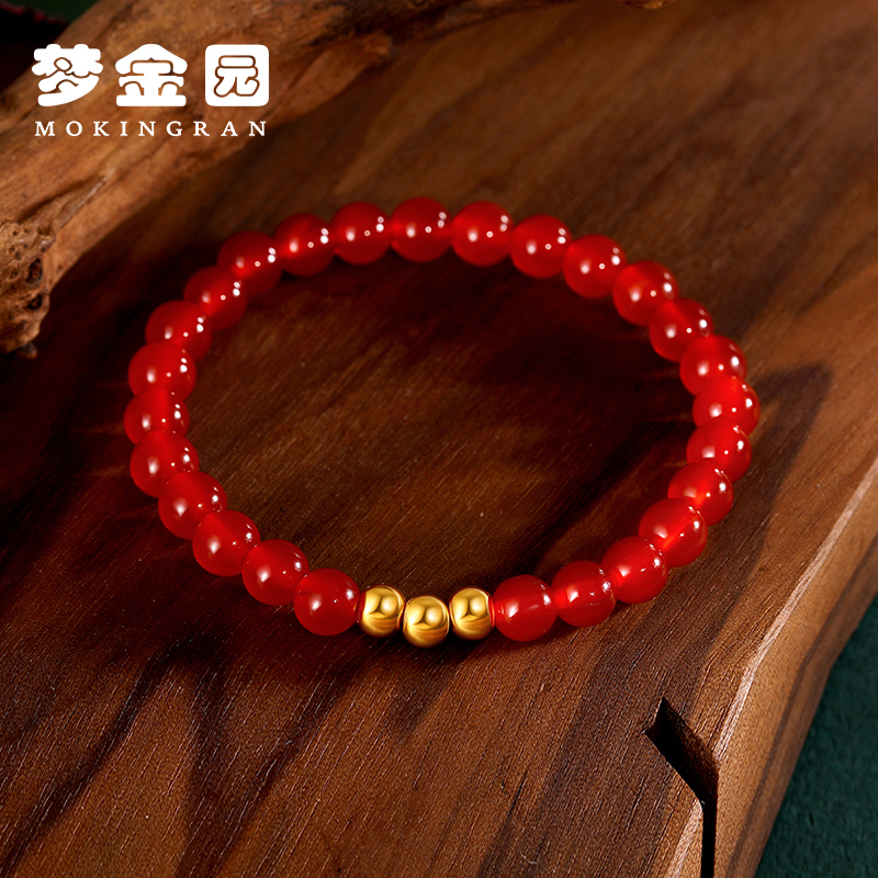 梦金园黄金转运珠小金豆手链女足金小金珠玛瑙手串手饰手环定价新款礼物