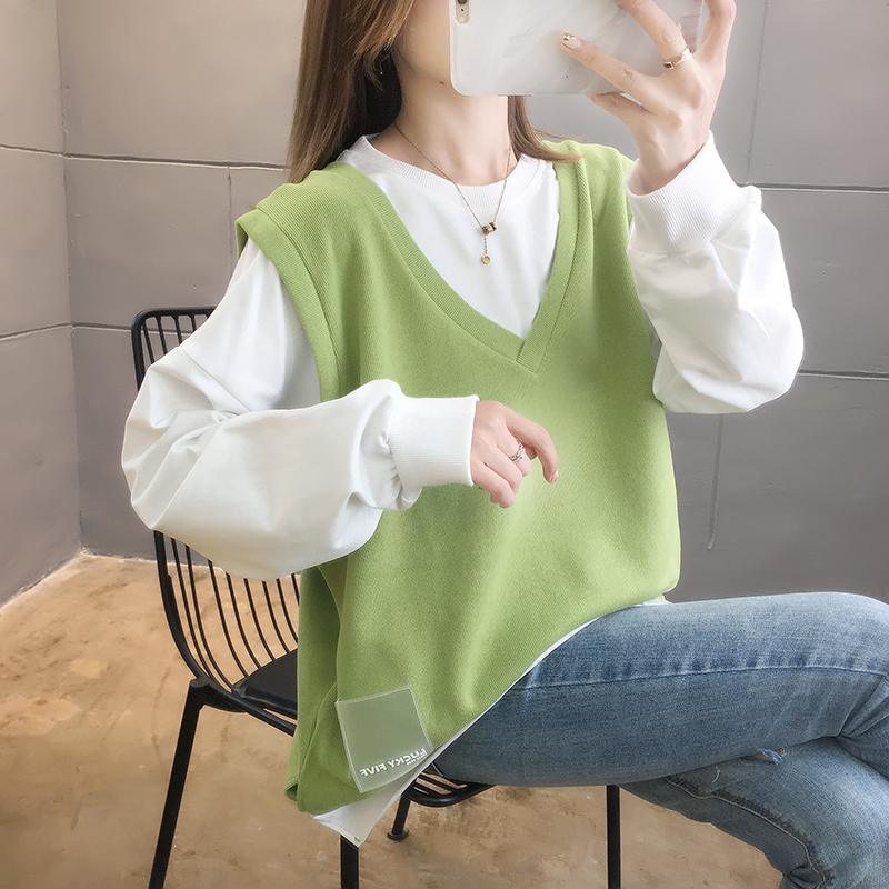 SUNTEK秋冬新款减龄假两件马甲卫衣女加大码女装上衣女200斤外套女宽松t外套短外套