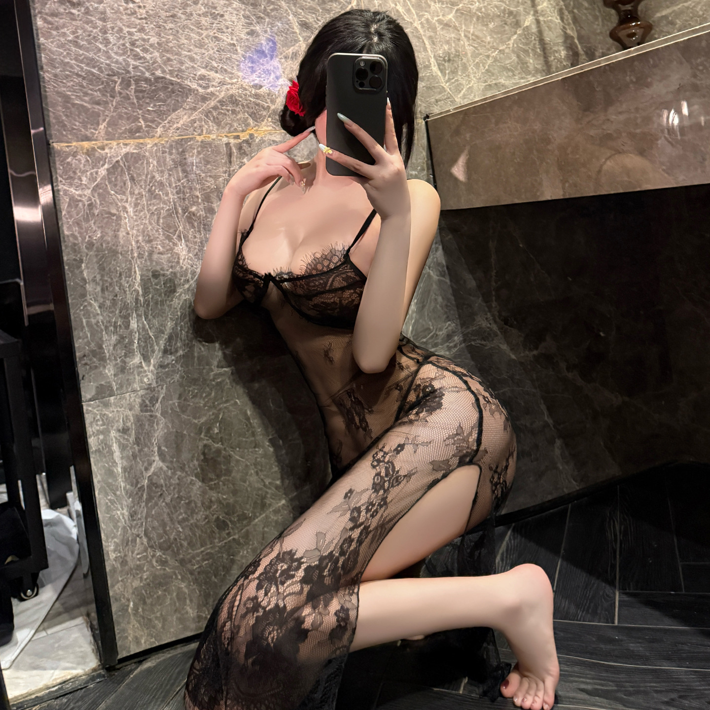 紫色韵味吊带网纱睡衣女套装性感蕾丝制服诱惑透视装情趣内衣批发 黑色 均码