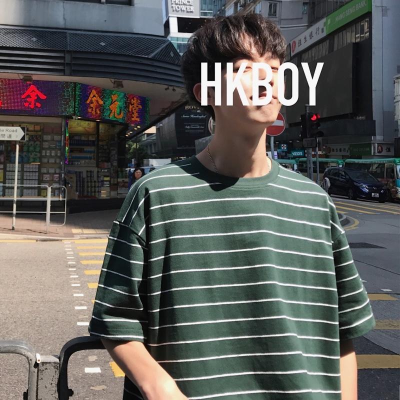2018日系港风百搭夏款新款韩版男士条纹Tee圆领短袖T恤打底衫半袖