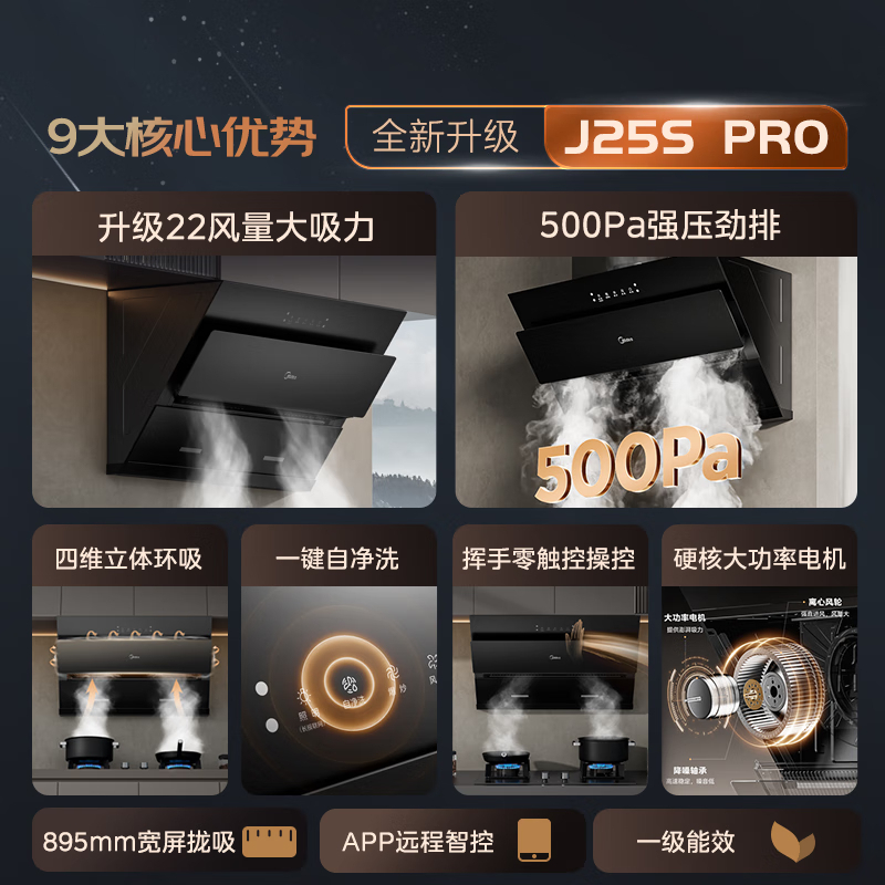 美的(Midea)抽油烟机厨房家用 22大风量 侧吸式吸排油烟机燃气灶具套装 挥手智控自动清洗J25SPRO+Q230A
