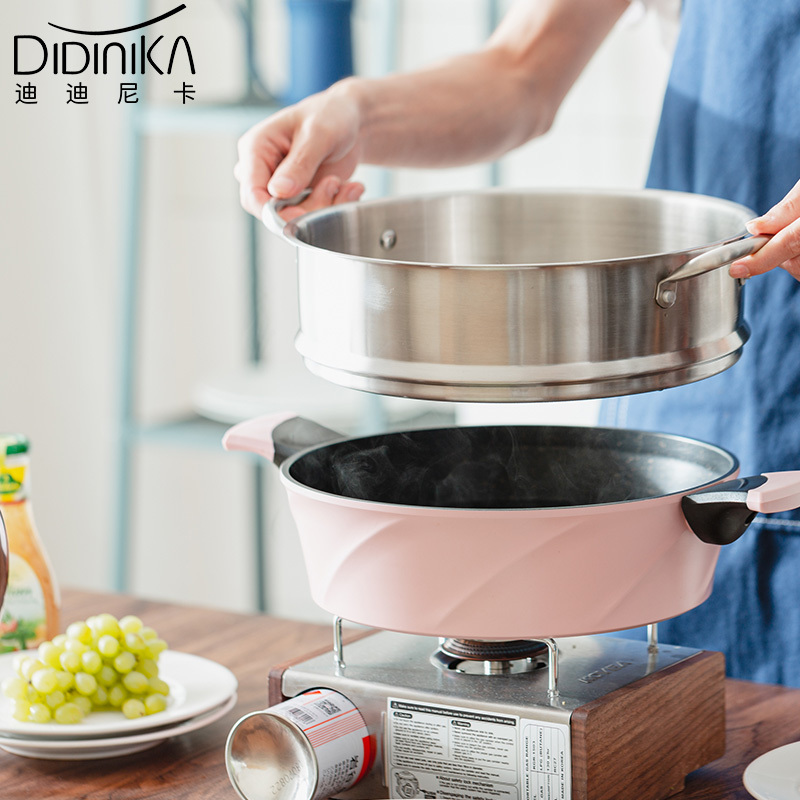 迪迪尼卡（Didinika）2019新款28cm浅汤锅家用麦饭石不粘锅多功能双耳煮锅带蒸屉