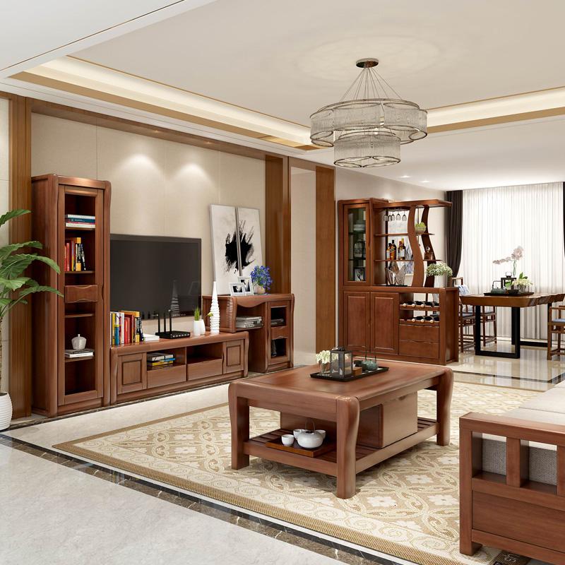 客厅中式实木电视柜组合墙柜套装背景墙高低矮柜酒柜伸缩简约现代定制