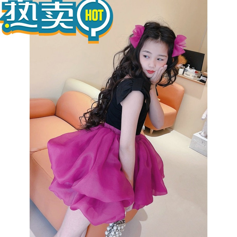 绿彩虹光女童套装裙夏季2023新款韩版洋气童装女孩蝴蝶结弹力背心蓬蓬短裙
