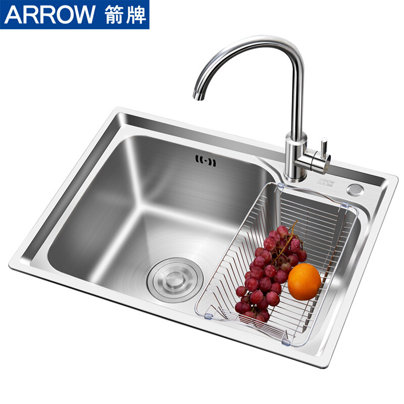 箭牌(ARROW)304不锈钢厨房水槽单槽套装 厨房洗菜盆洗手盆 洗碗水池配304不锈钢抽拉式冷热厨房水龙头