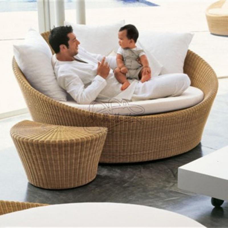 森美人阳台游泳池双人圆形情侣床室外庭院休闲沙发躺椅创意藤编户外躺床 片藤躺床1.4M